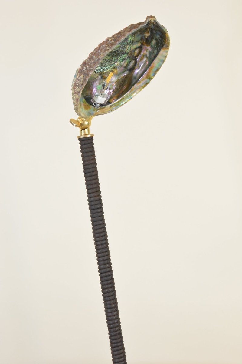 Abalone Task Lamp in Coiled Brown Leather with Natural Seashell Shade — Model No. 026 - Tennant New York