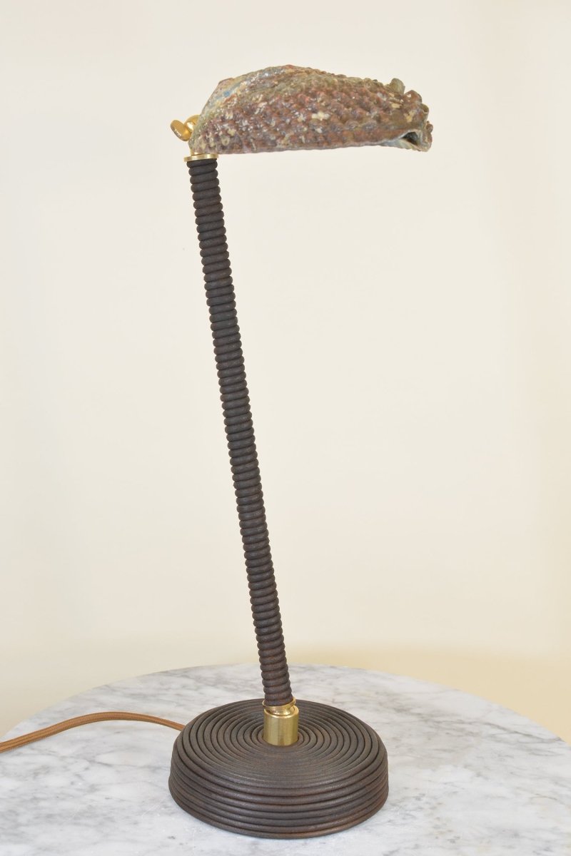 Abalone Task Lamp in Coiled Brown Leather with Natural Seashell Shade — Model No. 026 - Tennant New York
