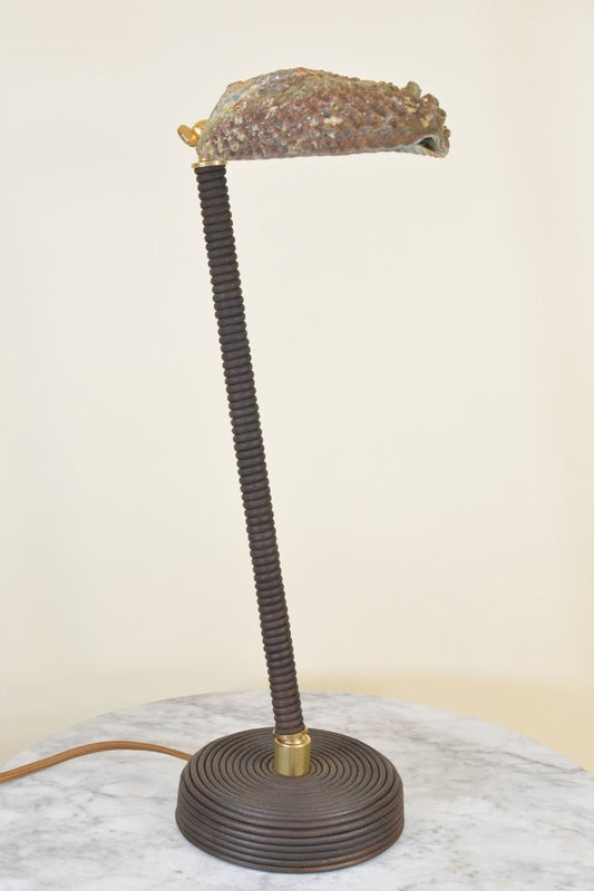 Abalone Task Lamp in Coiled Brown Leather with Natural Seashell Shade — Model No. 026 - Tennant New York