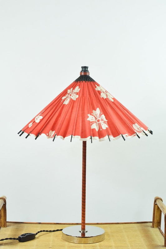 Aloha Modern Leather Table Lamp with Vintage Japanese Parasol Shade — Model No. 037 - Tennant New York