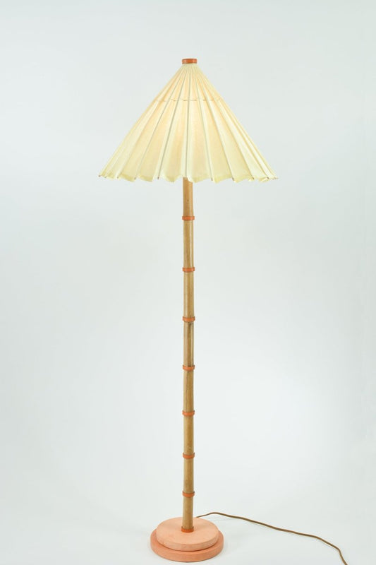 Bamboo and Leather Safari Lamp with Off - White Napkin Shade — Model No. 048A - Tennant New York