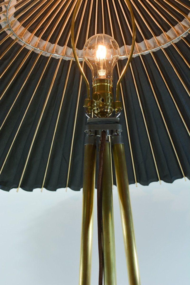 Jumbo Horst Tripod Lamp in Brass with Black Parasol Shade — Model No. 043 - Tennant New York