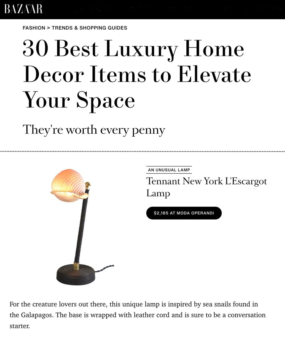 L’Escargot Table Lamp in Coiled Black Leather with Natural Sea Snail Shade—Model No. 025 - Tennant New York