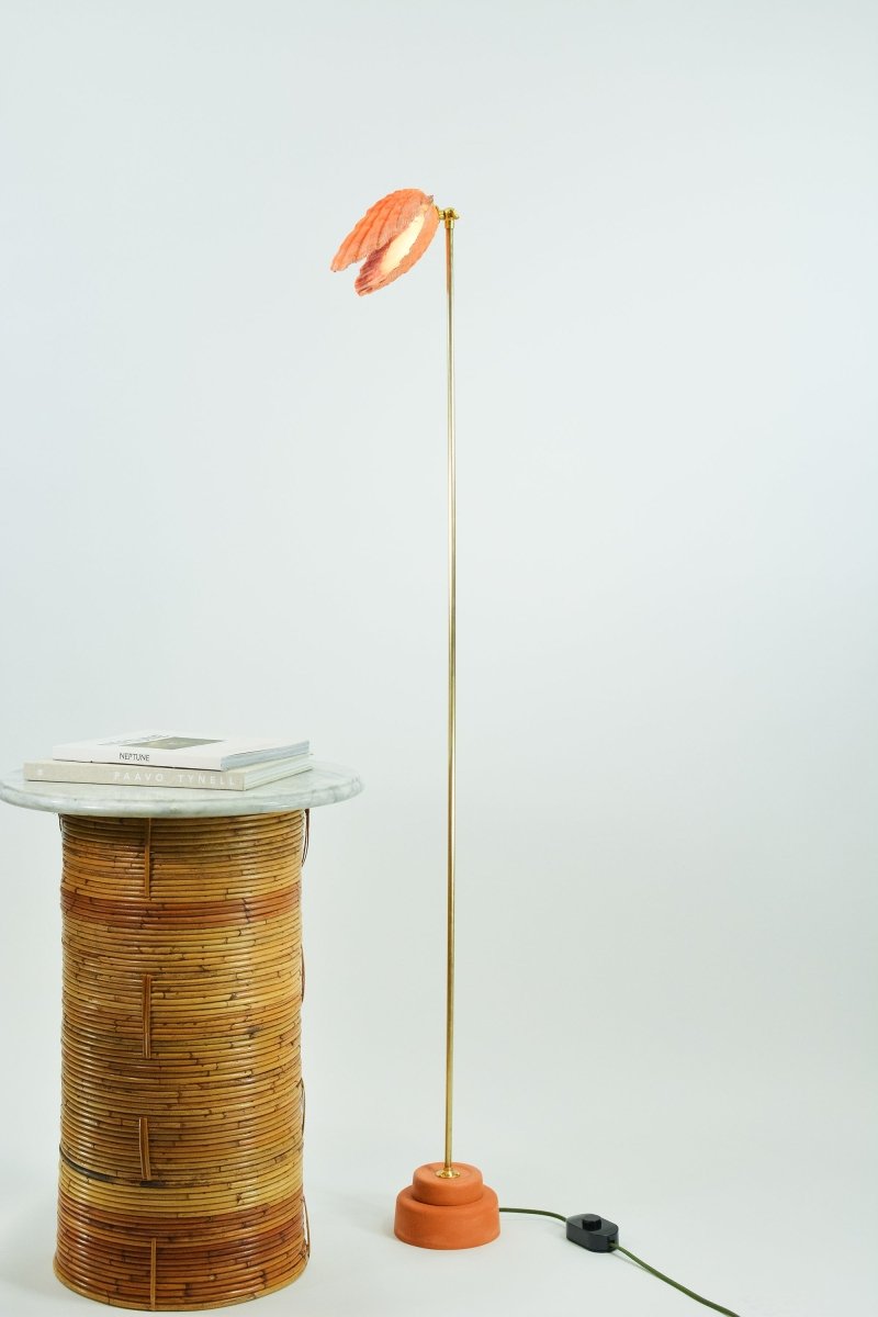 Lion's Paw Floor Lamp with Orange Scallop Shell Shade in Brass — Model No. 045 - Tennant New York