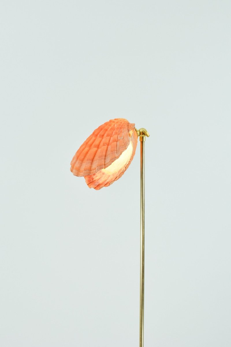 Lion's Paw Floor Lamp with Orange Scallop Shell Shade in Brass — Model No. 045 - Tennant New York