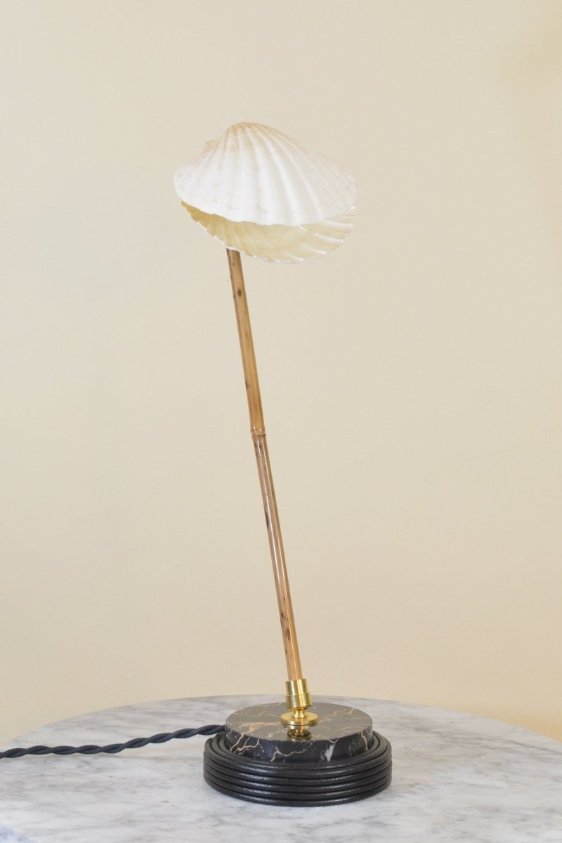 Sanremo Reading Lamp in Coiled Black Leather and Marble with Natural Scallop Shell Shade — Model No. 027 - Tennant New York