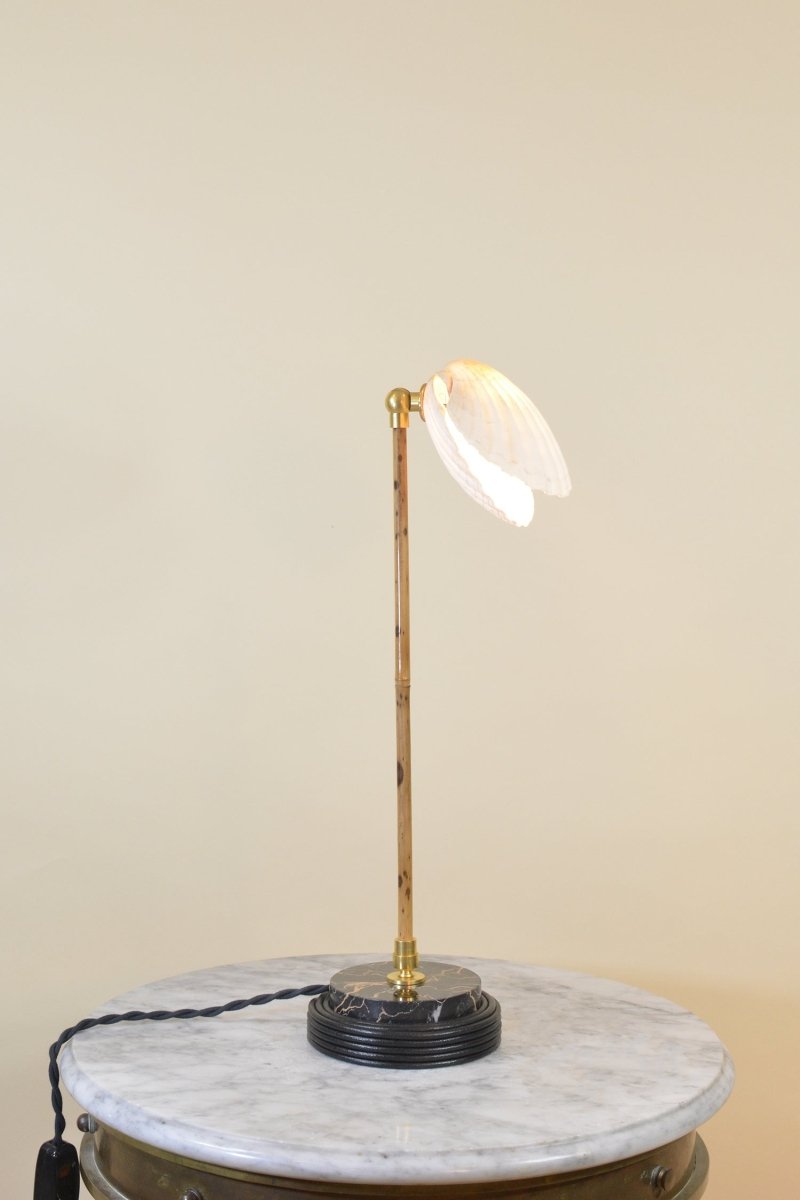 Sanremo Reading Lamp in Coiled Black Leather and Marble with Natural Scallop Shell Shade — Model No. 027 - Tennant New York