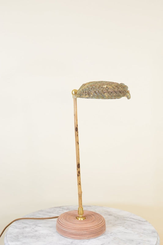 Savona Bamboo Task Lamp with Coiled Leather Base and Natural Abalone Shell Shade — Model No. 033 - Tennant New York