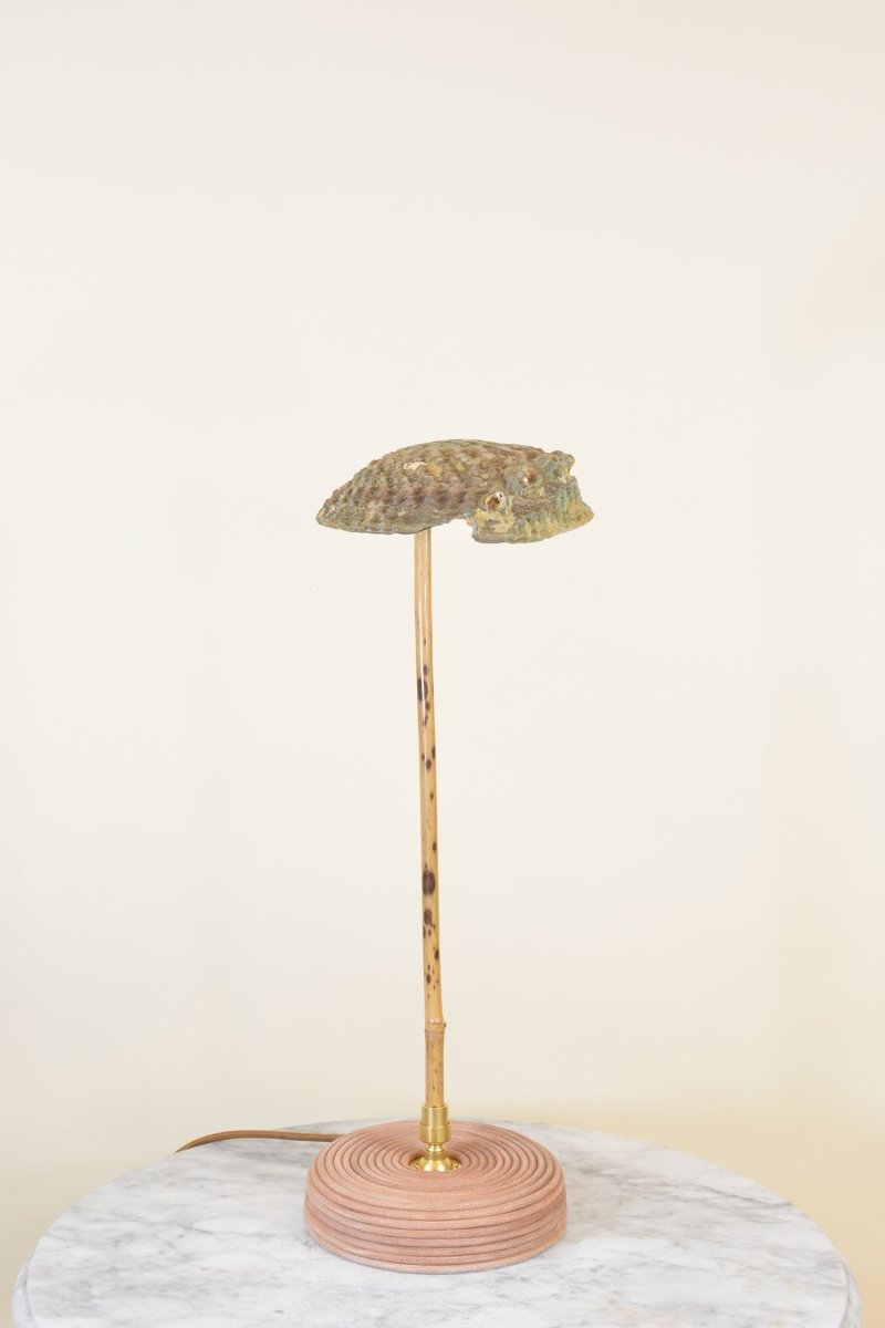 Savona Bamboo Task Lamp with Coiled Leather Base and Natural Abalone Shell Shade — Model No. 033 - Tennant New York