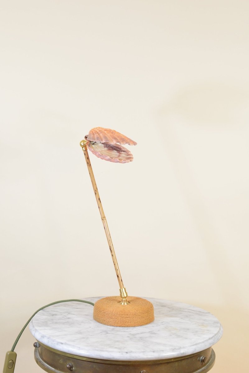 Ventimiglia Bamboo Task Lamp with Scallop Shell Shade and Coiled Seagrass Base — Model No. 032 - Tennant New York