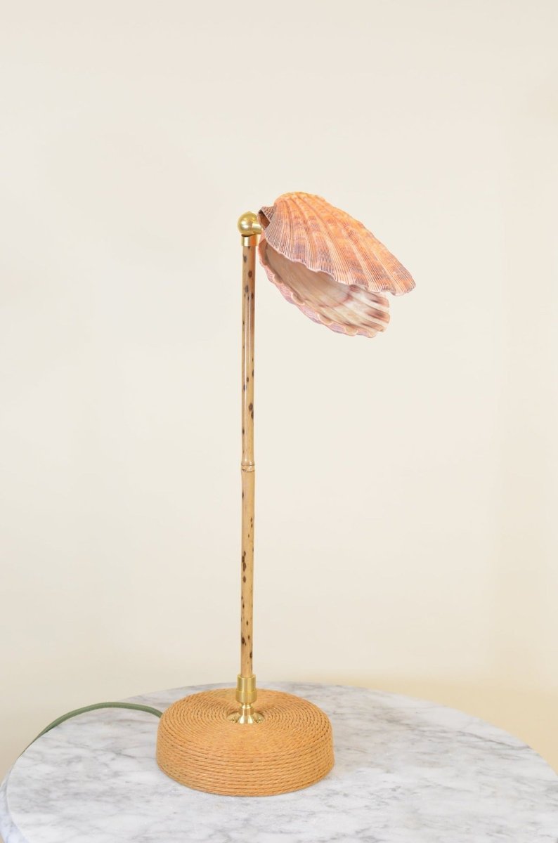 Ventimiglia Bamboo Task Lamp with Scallop Shell Shade and Coiled Seagrass Base — Model No. 032 - Tennant New York