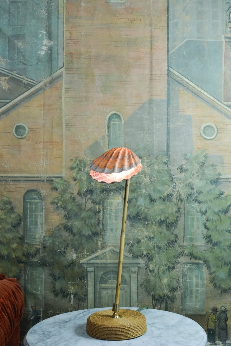 Ventimiglia Bamboo Task Lamp with Scallop Shell Shade and Coiled Seagrass Base — Model No. 032 - Tennant New York