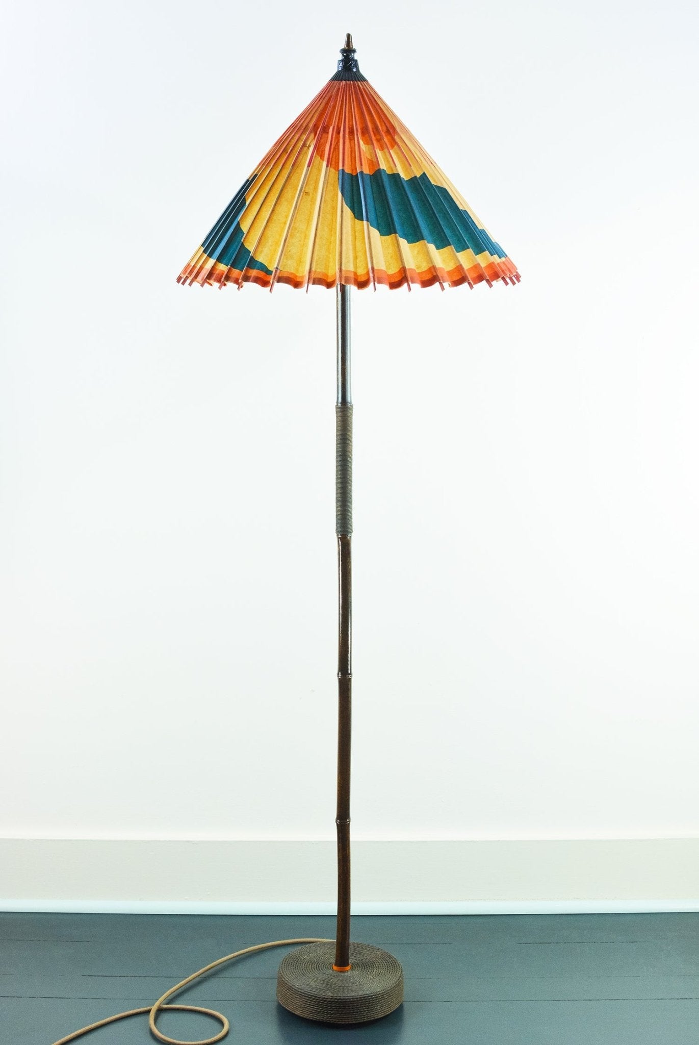 1933 'World’s Fair' Black Bamboo Floor Lamp with Parasol Shade and Coiled Seagrass Base — Model No. 001A - Tennant New York