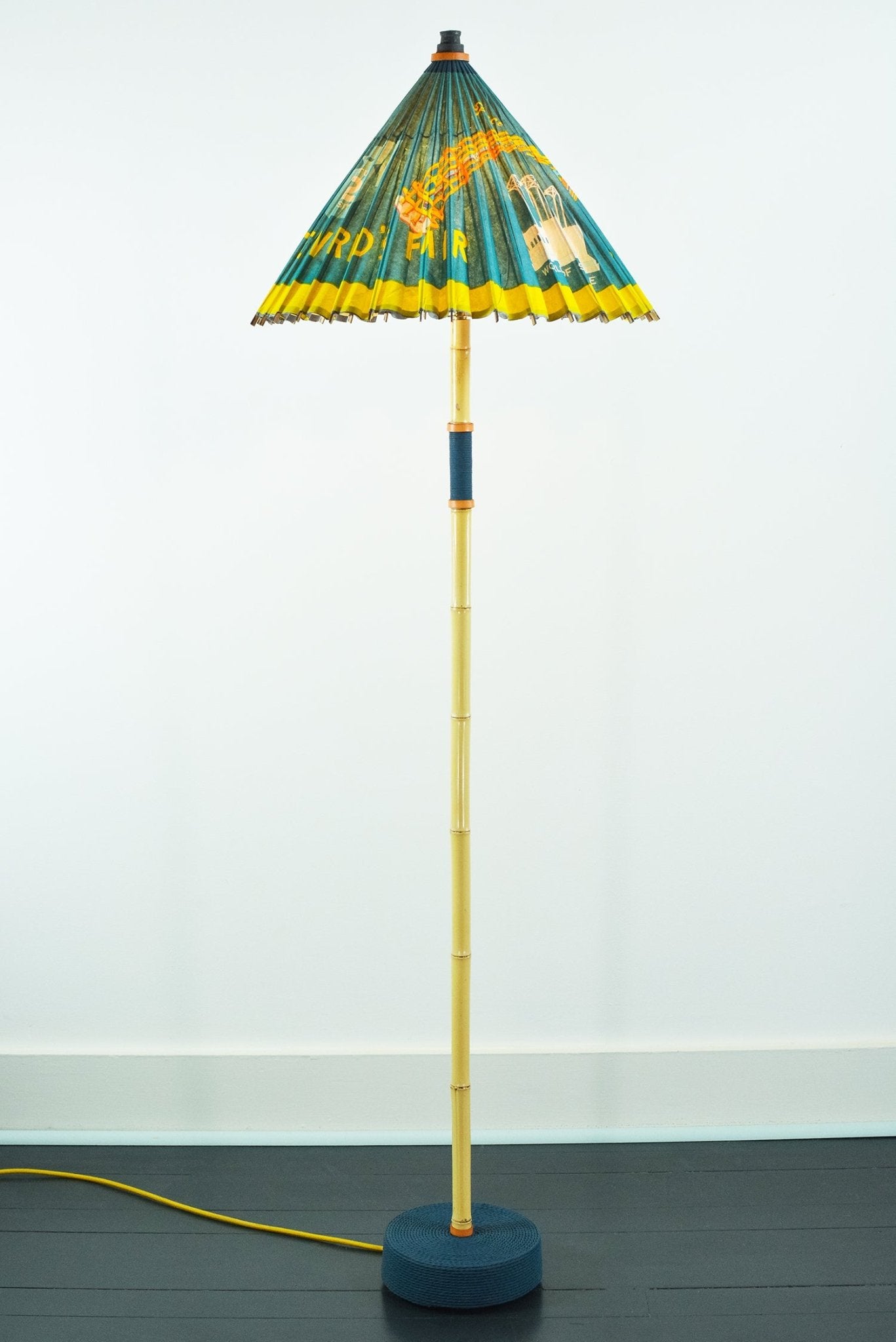 1962 Seattle 'World's Fair' Bamboo Floor Lamp with Parasol Shade and Coiled Seagrass Base — Model No. 002 - Tennant New York
