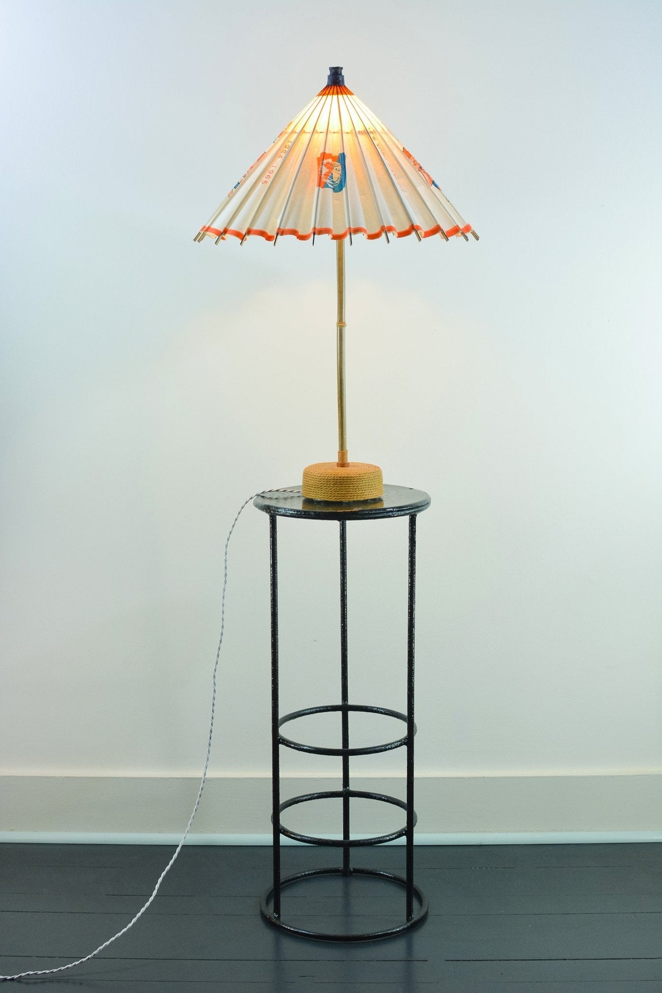 1964 New York 'World's Fair' Bamboo Table Lamp with Parasol Shade and Coiled Seagrass Base — Model No. 005 - Tennant New York