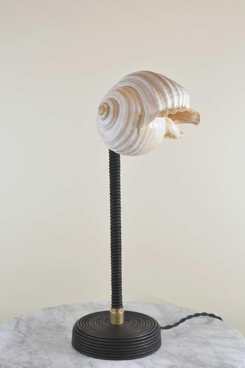 ‘L’Escargot Lamp’ in Coiled Black Leather with Natural Sea Snail Shade—Model No. 025 - Tennant New York
