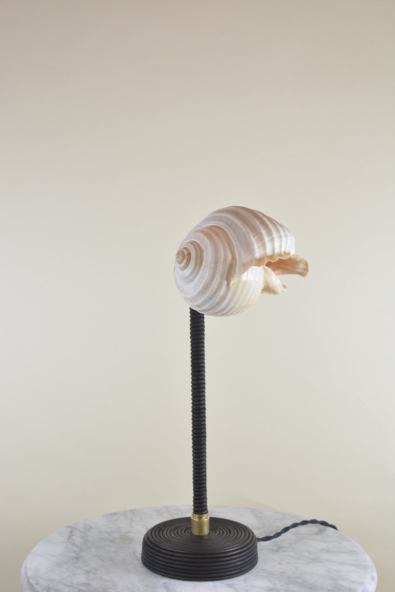 ‘L’Escargot Lamp’ in Coiled Leather with Natural Sea Snail Shade—Model No. 025 - Tennant New York