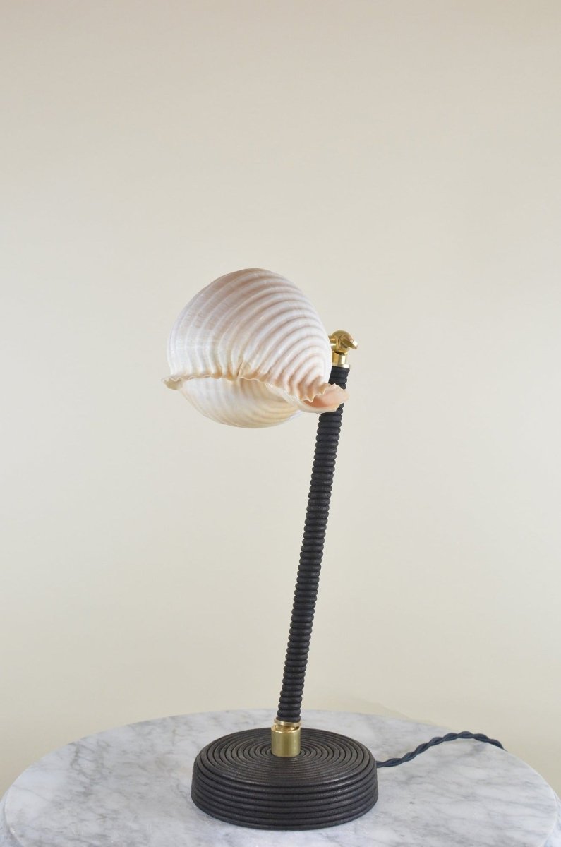‘L’Escargot Lamp’ in Coiled Leather with Natural Sea Snail Shade—Model No. 025 - Tennant New York