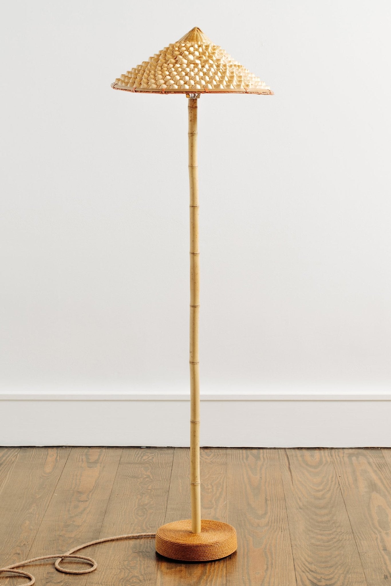 'Pagoda' Bamboo Floor Lamp with 'Pangolin' Shade and Coiled Seagrass Base — Model No. 011 - Tennant New York