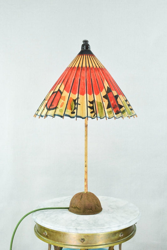 'Prairie Modern' Bamboo Table Lamp with Coconut Base and Vintage Japanese Parasol Shade — Model No. 017 - Tennant New York