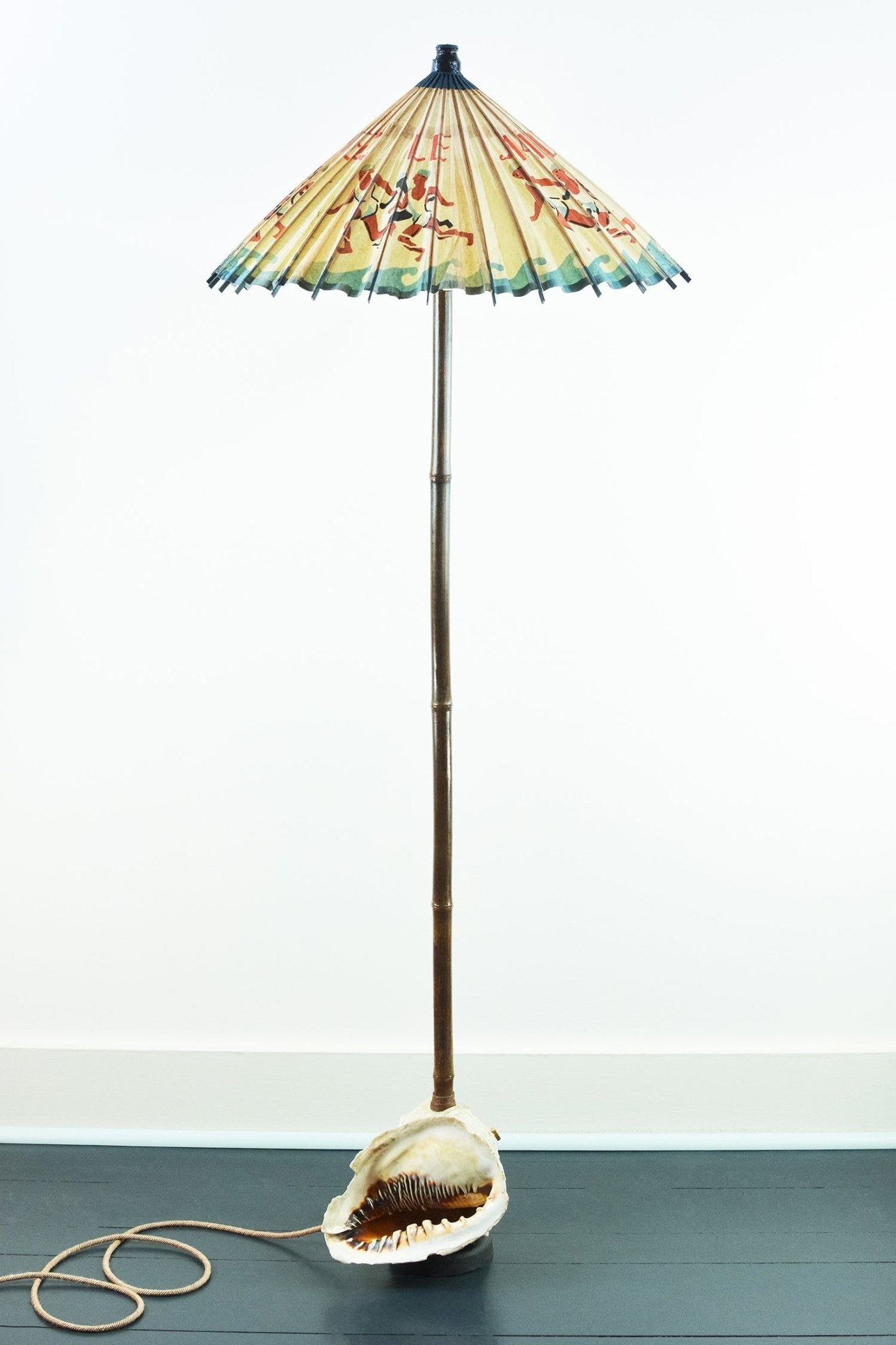 'Queen Helmet Conch Shell' Black Bamboo Floor Lamp with French Parasol Shade — Model No. 014 - Tennant New York