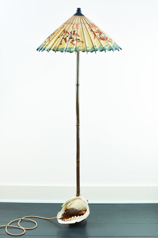 'Queen Helmet Conch Shell' Black Bamboo Floor Lamp with French Parasol Shade — Model No. 014 - Tennant New York