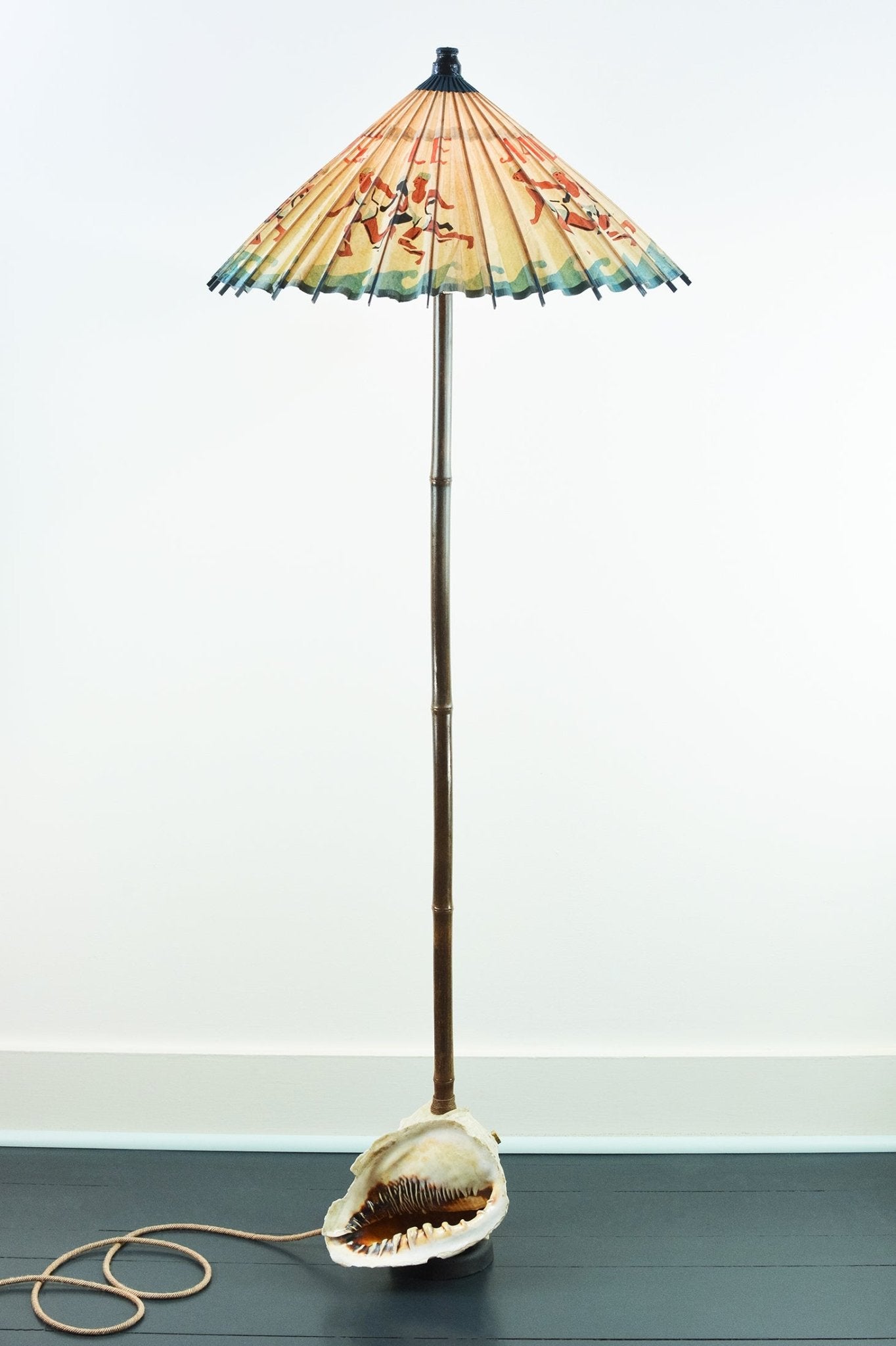 'Queen Helmet Conch Shell' Black Bamboo Floor Lamp with French Parasol Shade — Model No. 014 - Tennant New York