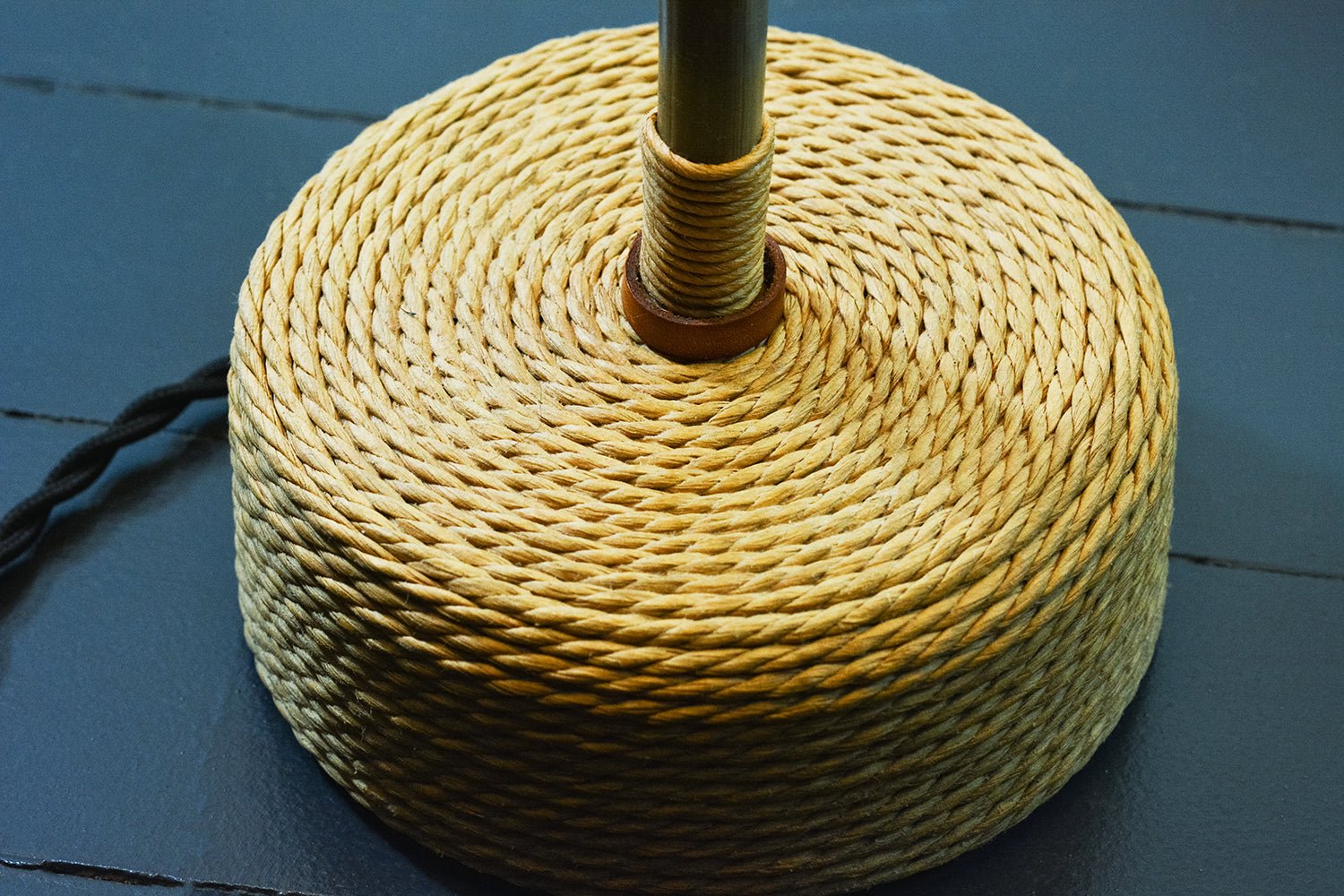 Red Spiral 'World's Fair' Table Lamp with Parasol Shade and Coiled Seagrass Base — Model No. 012 - Tennant New York