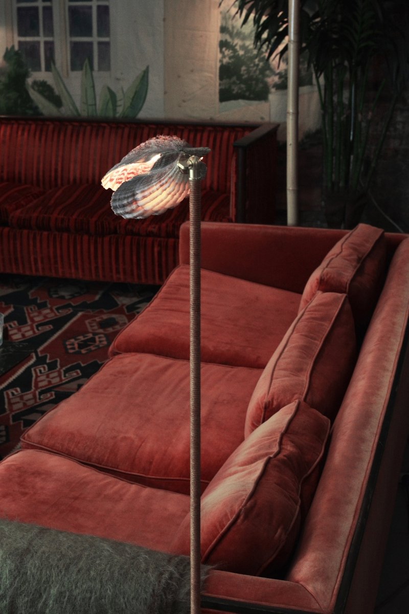 'Wrapped Lavender Lion's Paw Floor Lamp' with Natural Scallop Shell Shade—Model No. 023 - Tennant New York