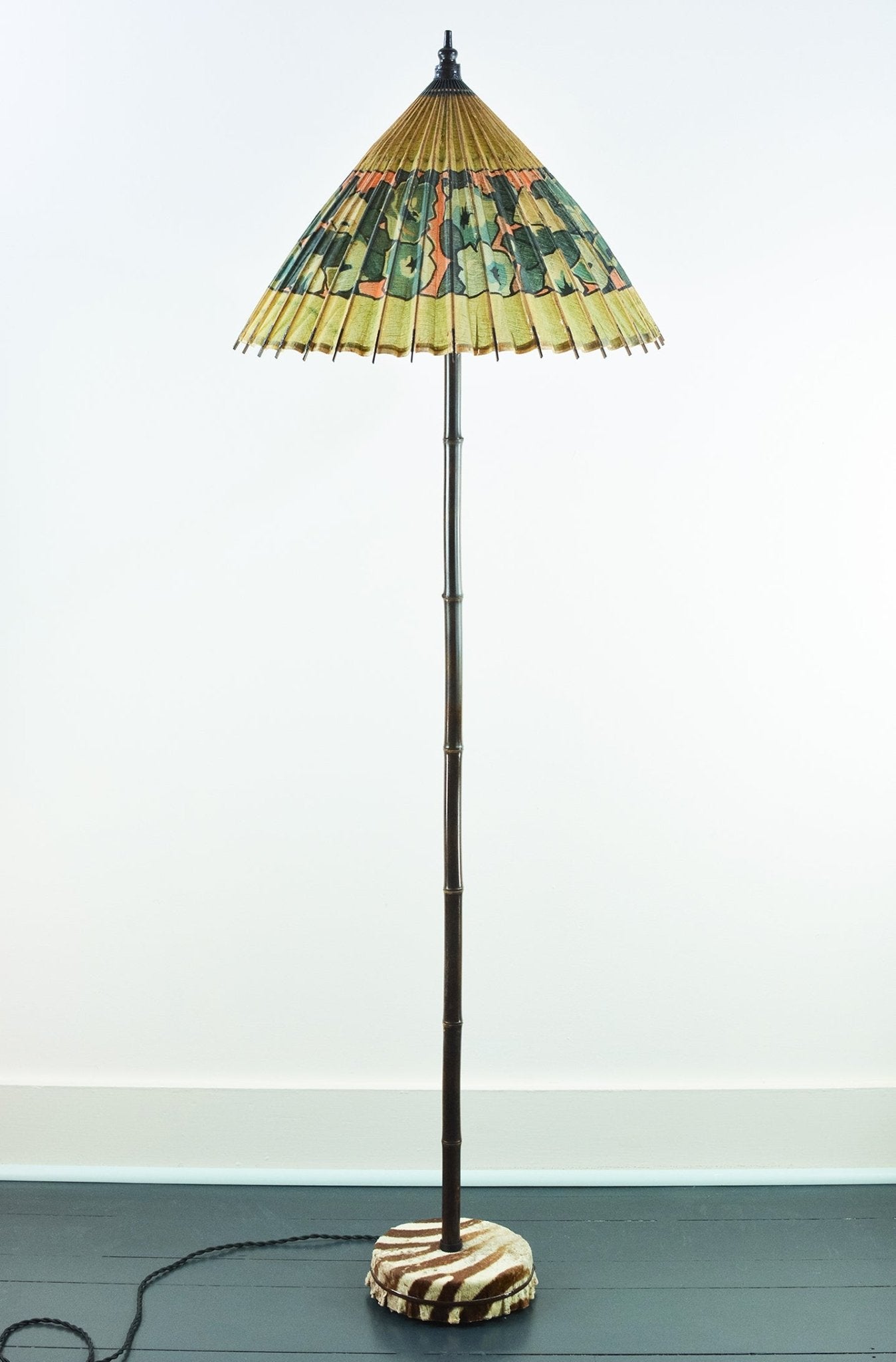 'Zebra Lamp' in Black Bamboo with French Deco Parasol Shade and Vintage Hide-Covered Base — Model No. 013 - Tennant New York