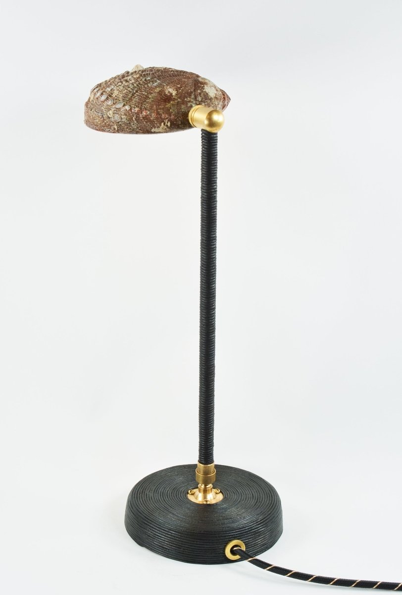 Abalone 'Tuxedo' Task Lamp with Natural Seashell Shade in Coiled Black Leather — Model No. 022B - Tennant New York