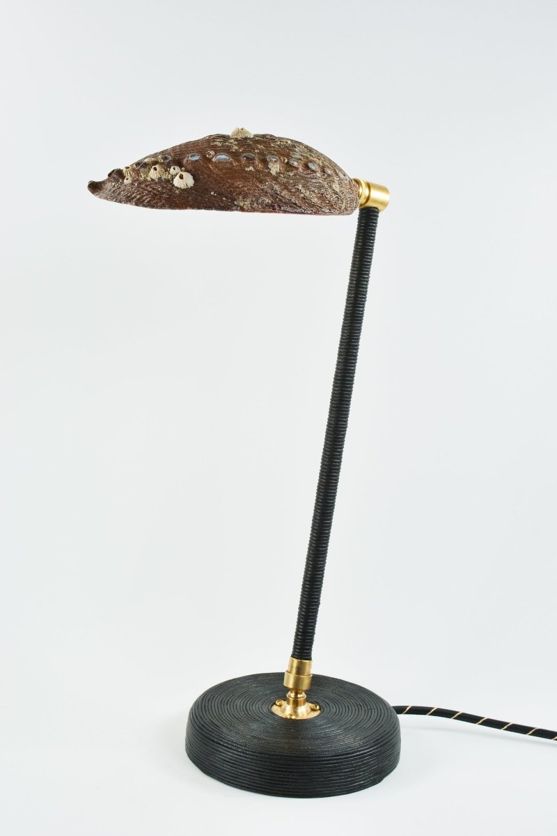 Abalone 'Tuxedo' Task Lamp with Natural Seashell Shade in Coiled Black Leather — Model No. 022B - Tennant New York