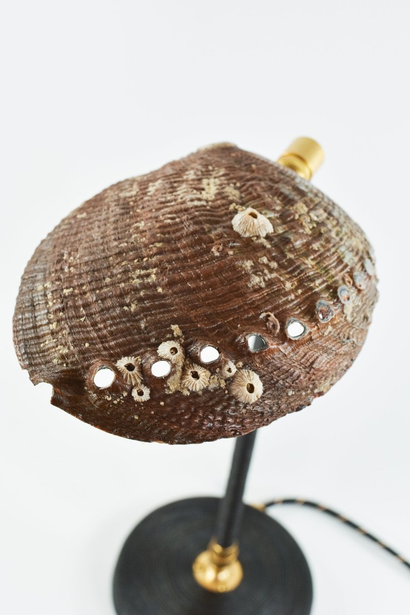 Abalone 'Tuxedo' Task Lamp with Natural Seashell Shade in Coiled Black Leather — Model No. 022B - Tennant New York