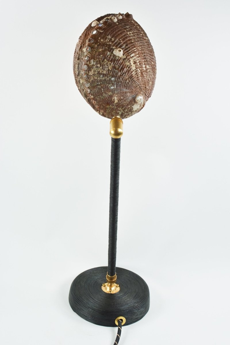 Abalone 'Tuxedo' Task Lamp with Natural Seashell Shade in Coiled Black Leather — Model No. 022B - Tennant New York