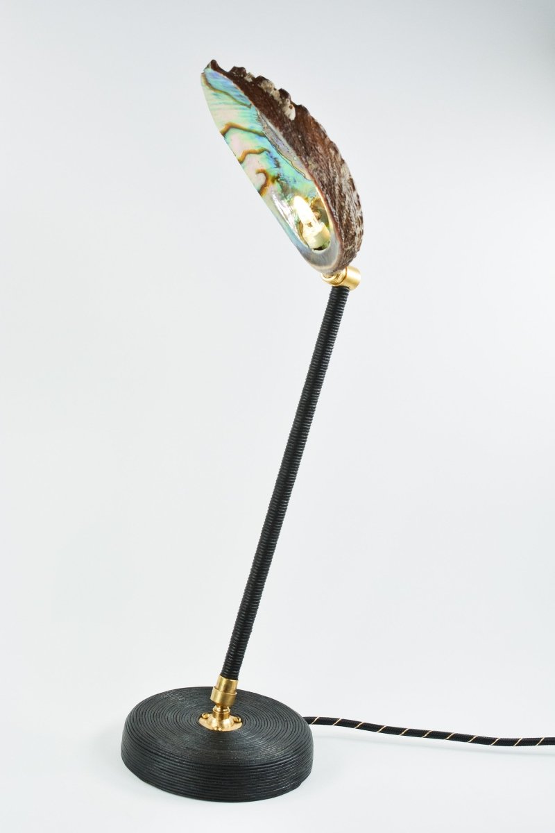 Abalone 'Tuxedo' Task Lamp with Natural Seashell Shade in Coiled Black Leather — Model No. 022B - Tennant New York