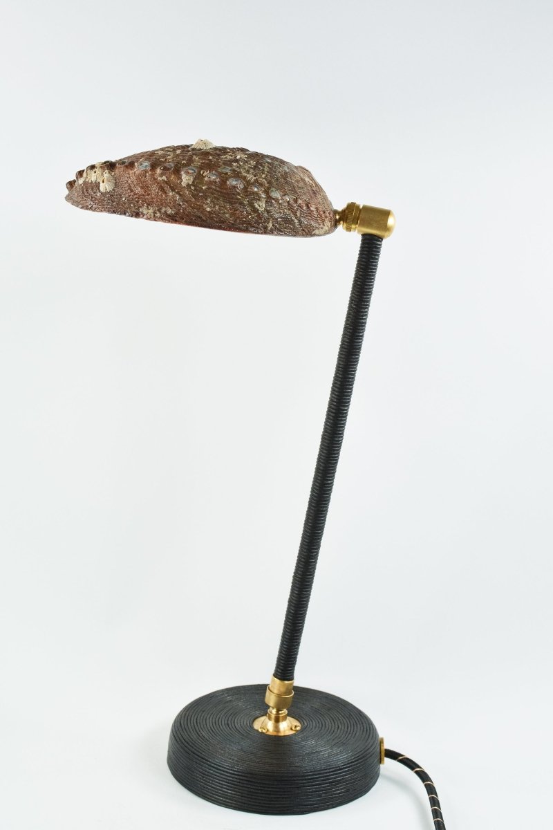 Abalone 'Tuxedo' Task Lamp with Natural Seashell Shade in Coiled Black Leather — Model No. 022B - Tennant New York