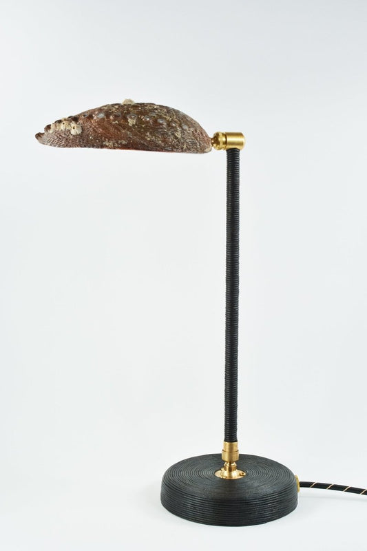 Abalone 'Tuxedo' Task Lamp with Natural Seashell Shade in Coiled Black Leather — Model No. 022B - Tennant New York