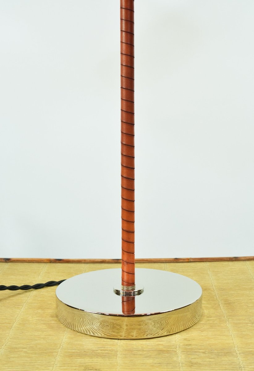 Aloha Modern Leather Table Lamp with Vintage Japanese Parasol Shade — Model No. 037 - Tennant New York