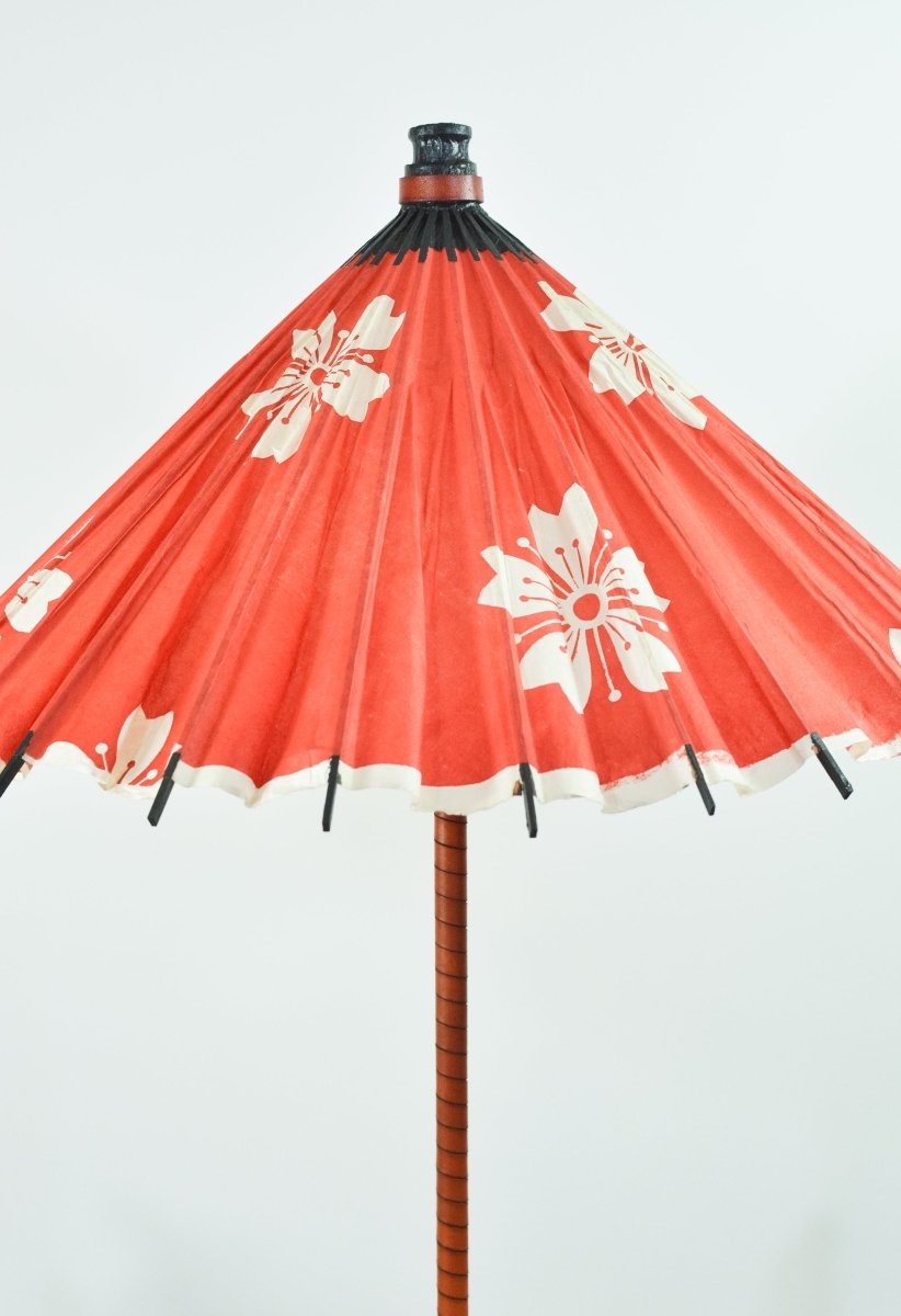 Aloha Modern Leather Table Lamp with Vintage Japanese Parasol Shade — Model No. 037 - Tennant New York