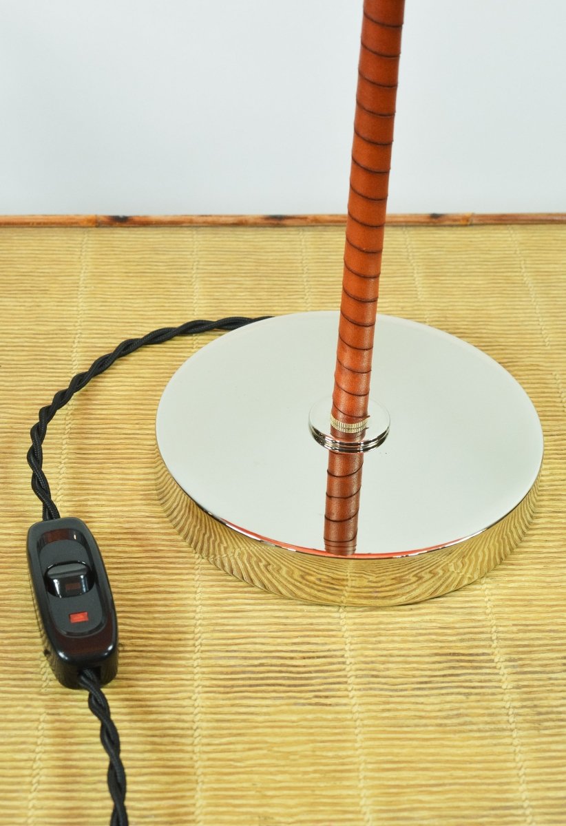Aloha Modern Leather Table Lamp with Vintage Japanese Parasol Shade — Model No. 037 - Tennant New York