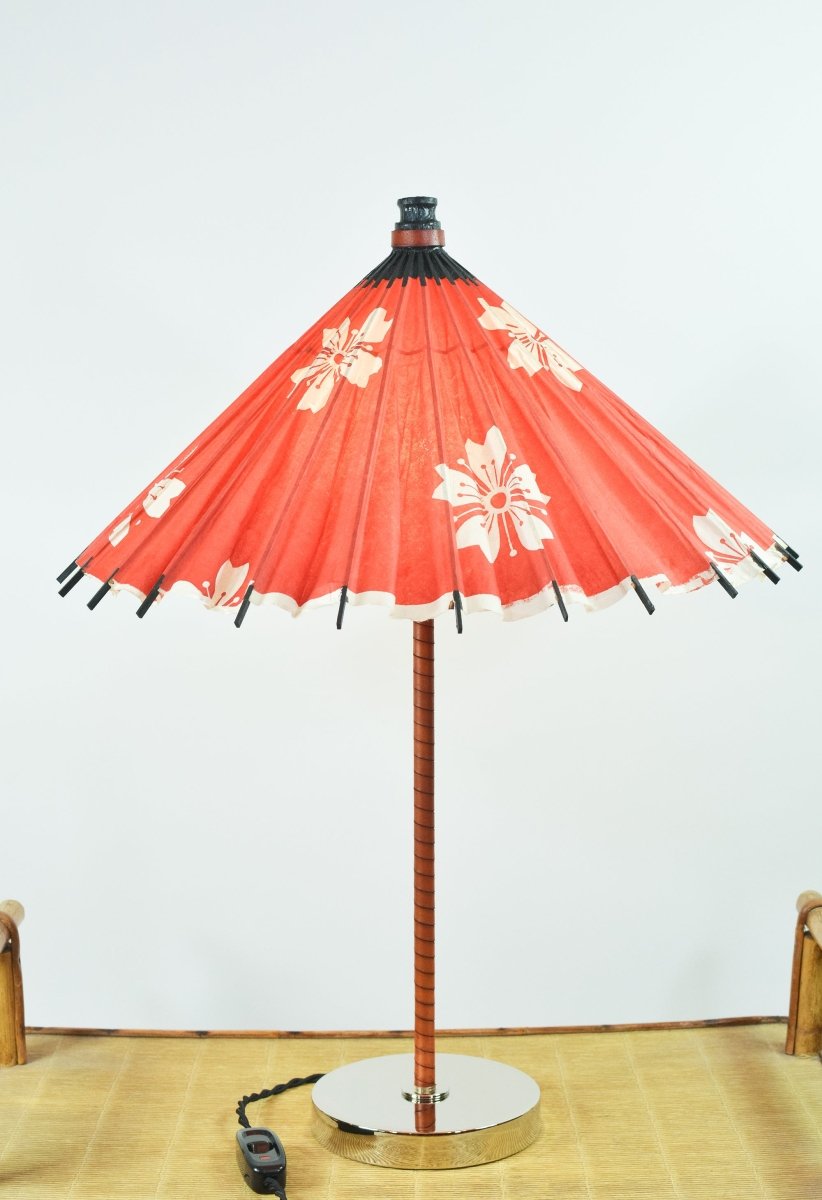 Aloha Modern Leather Table Lamp with Vintage Japanese Parasol Shade — Model No. 037 - Tennant New York