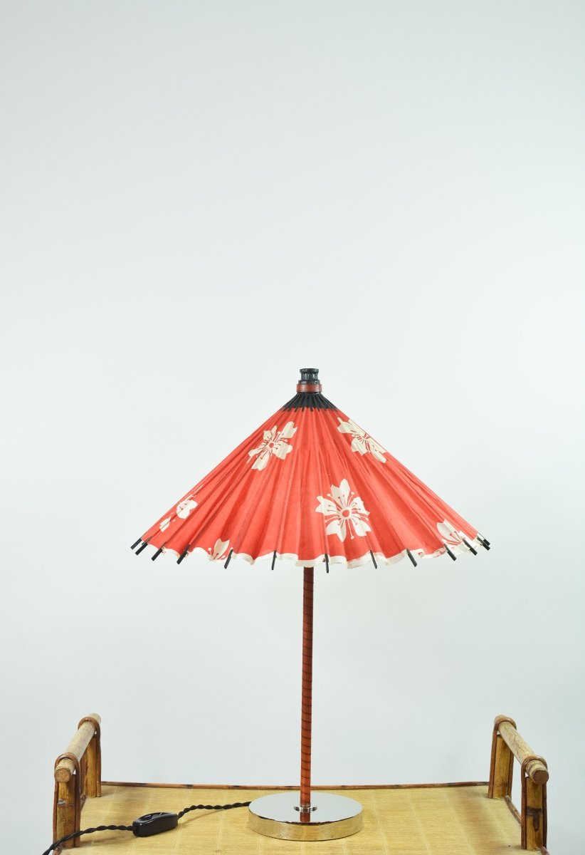 Aloha Modern Leather Table Lamp with Vintage Japanese Parasol Shade — Model No. 037 - Tennant New York