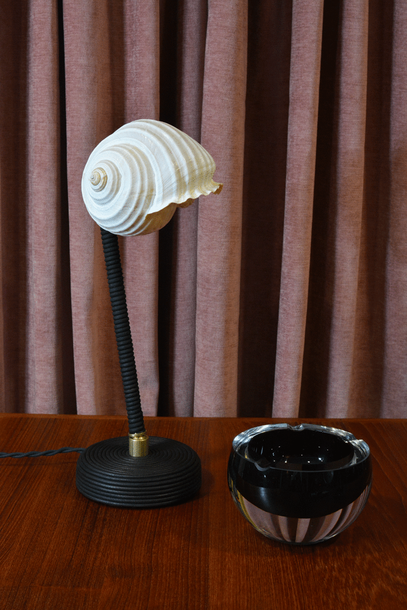 L’Escargot Table Lamp in Coiled Black Leather with Natural Sea Snail Shade—Model No. 025 - Tennant New York