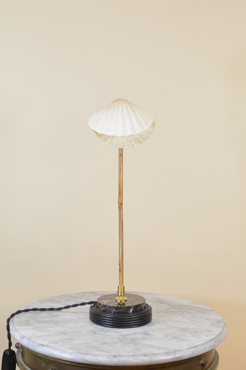 Sanremo Reading Lamp in Coiled Black Leather and Marble with Natural Scallop Shell Shade — Model No. 027 - Tennant New York