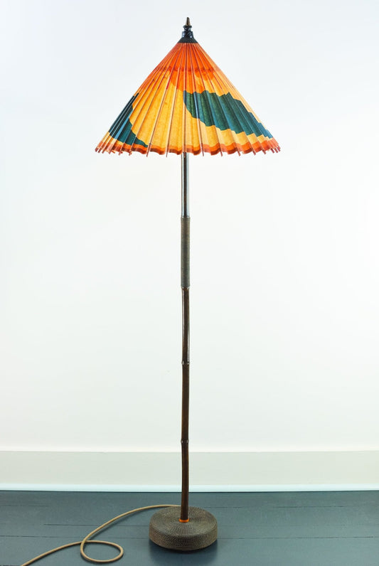 1933 'World’s Fair' Black Bamboo Floor Lamp with Parasol Shade and Coiled Seagrass Base — Model No. 001A - Tennant New York