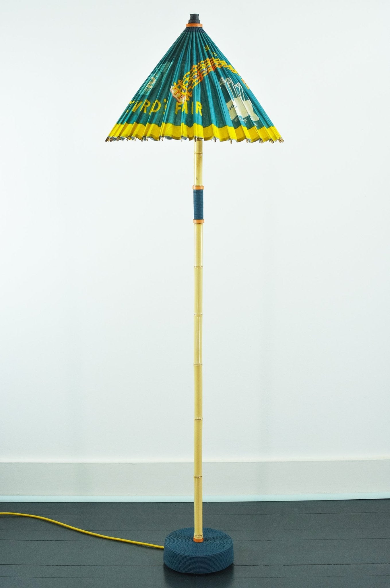 1962 Seattle 'World's Fair' Bamboo Floor Lamp with Parasol Shade and Coiled Seagrass Base — Model No. 002 - Tennant New York