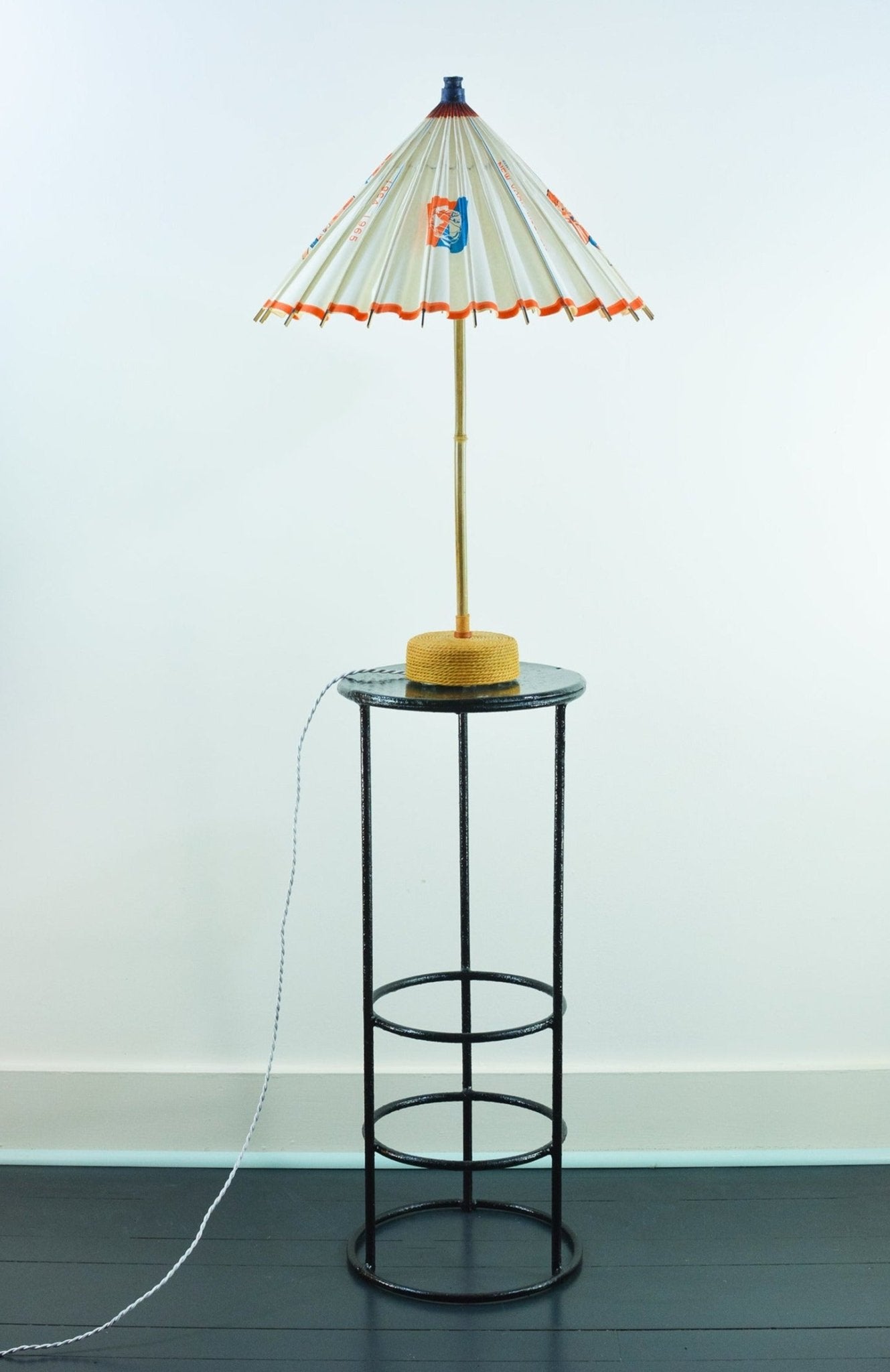 1964 New York 'World's Fair' Bamboo Table Lamp with Parasol Shade and Coiled Seagrass Base — Model No. 005 - Tennant New York