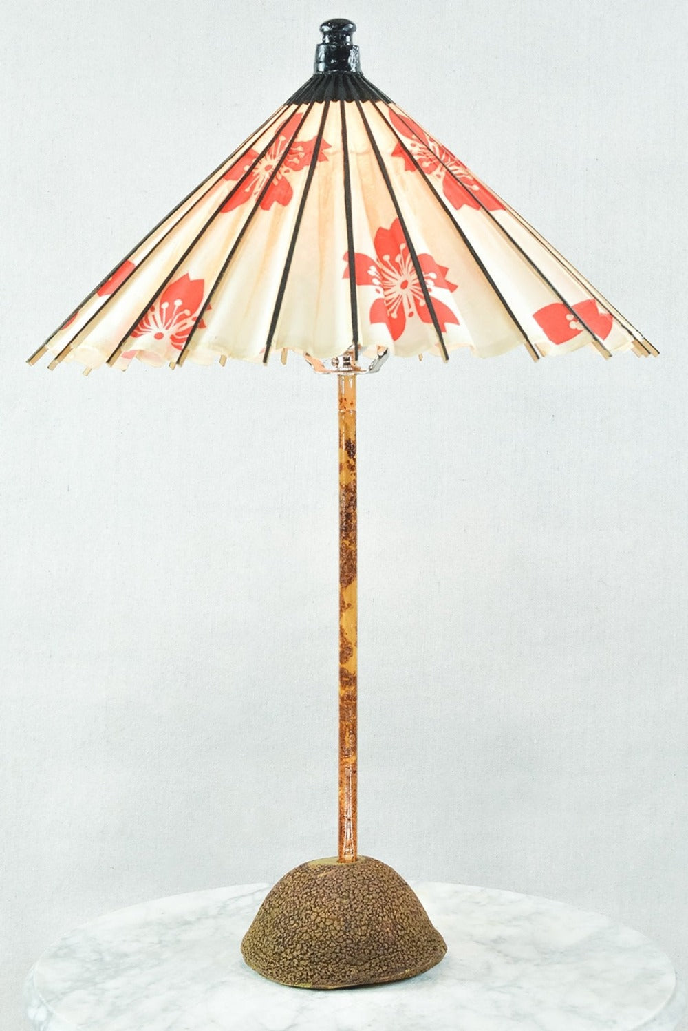 'Aloha Modern' Bamboo Table Lamp with Coconut Base and Japanese Hibiscus Parasol Shade — Model No. 018 - Tennant New York