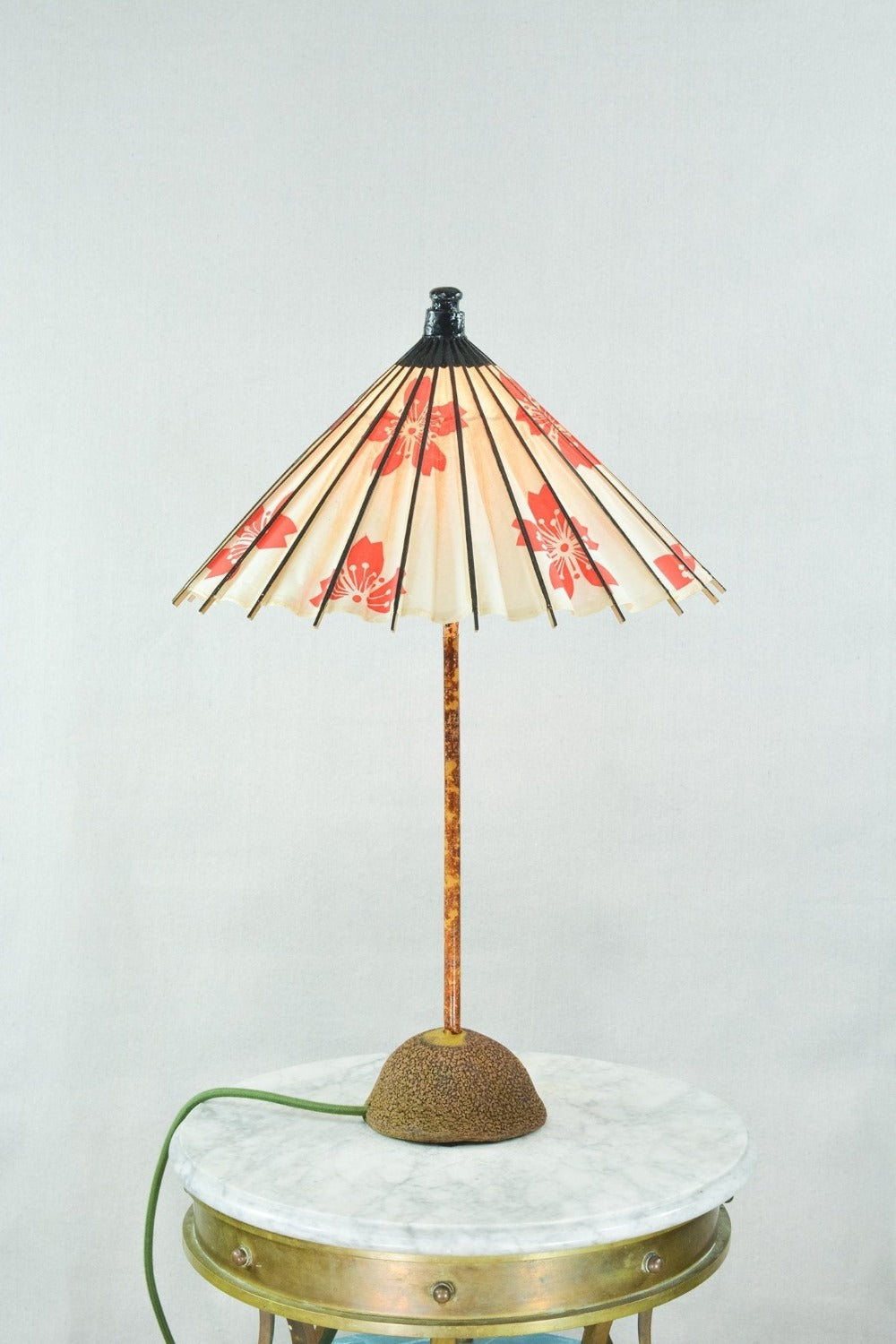 'Aloha Modern' Bamboo Table Lamp with Coconut Base and Japanese Hibiscus Parasol Shade — Model No. 018 - Tennant New York