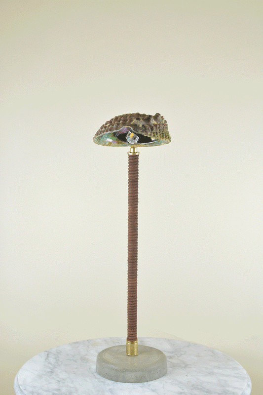'Green Abalone Task Lamp' in Coiled Brown Leather with Natural Seashell Shade—Model No. 026 - Tennant New York